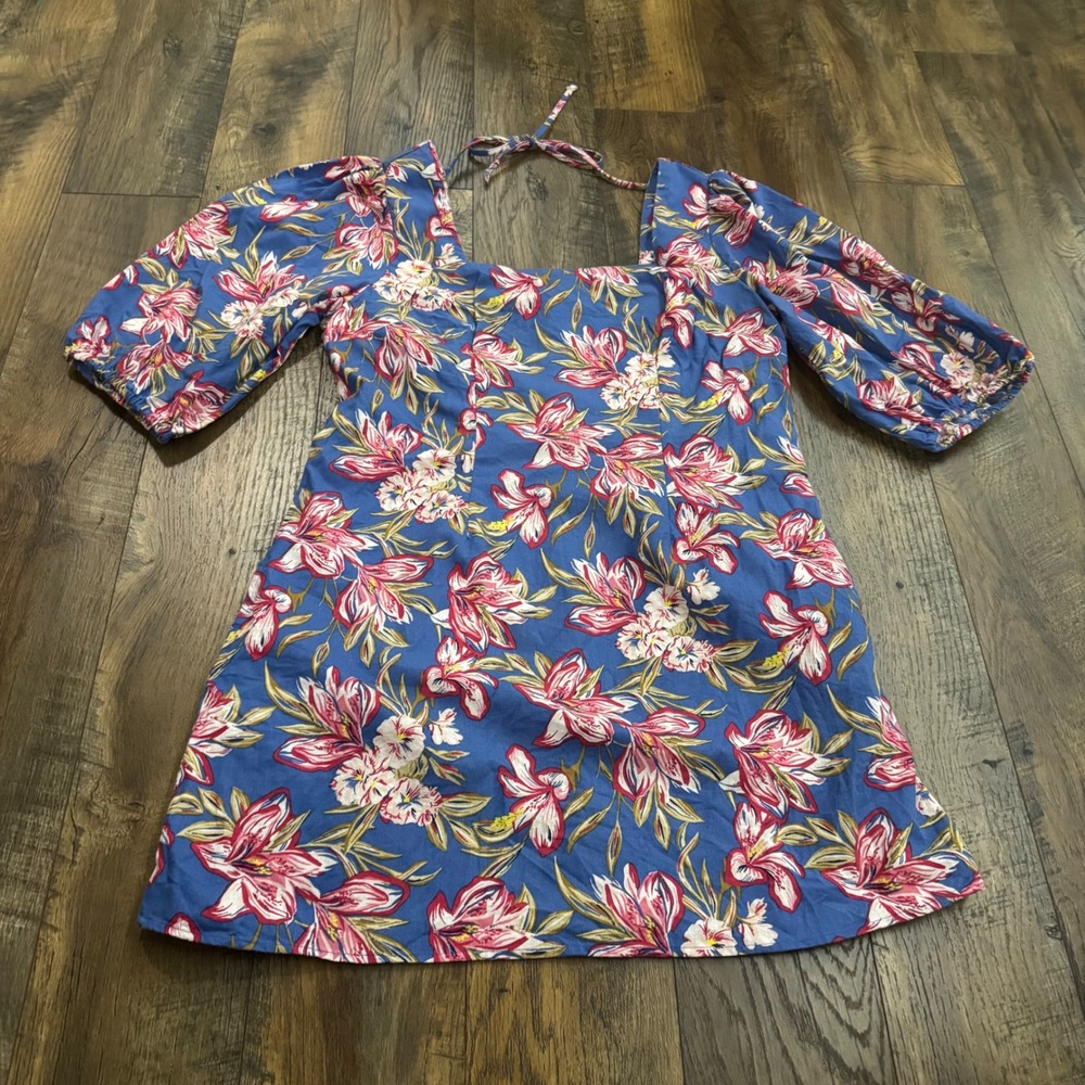 A New‎ Day Blue Floral Cotton Linen Puff Sleeve Mini Dress XL Pocket Tie Back